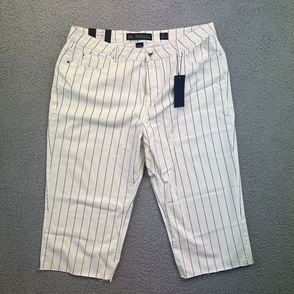 CHIC Denim Designed for Addiction Womens White Stripe Crop Pants‎ Sz 18 NWT